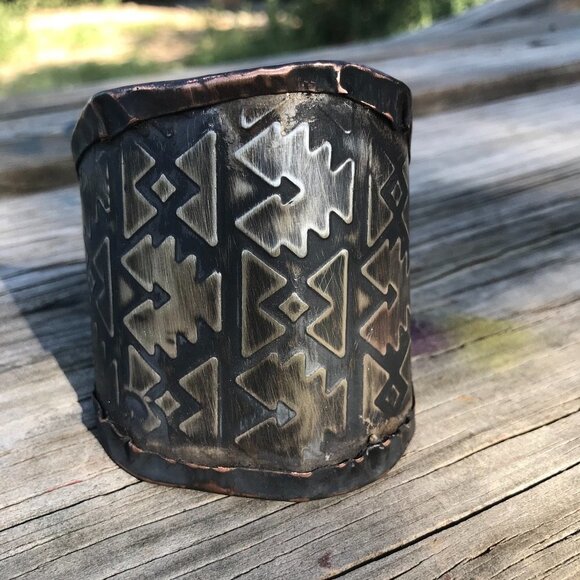 Aztec Sterling Silver 925 Southwestern Copper Cuff Unisex Wide Western Bracelet - Picture 5 of 10